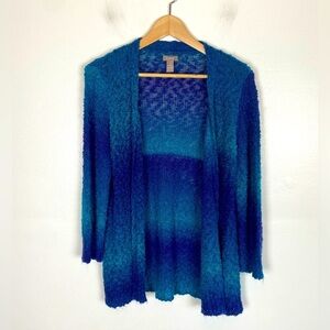 Chico's Tie Dye Open Front Cardigan Size 1 US M Color Blue 3/4 Sleeves Open Knit